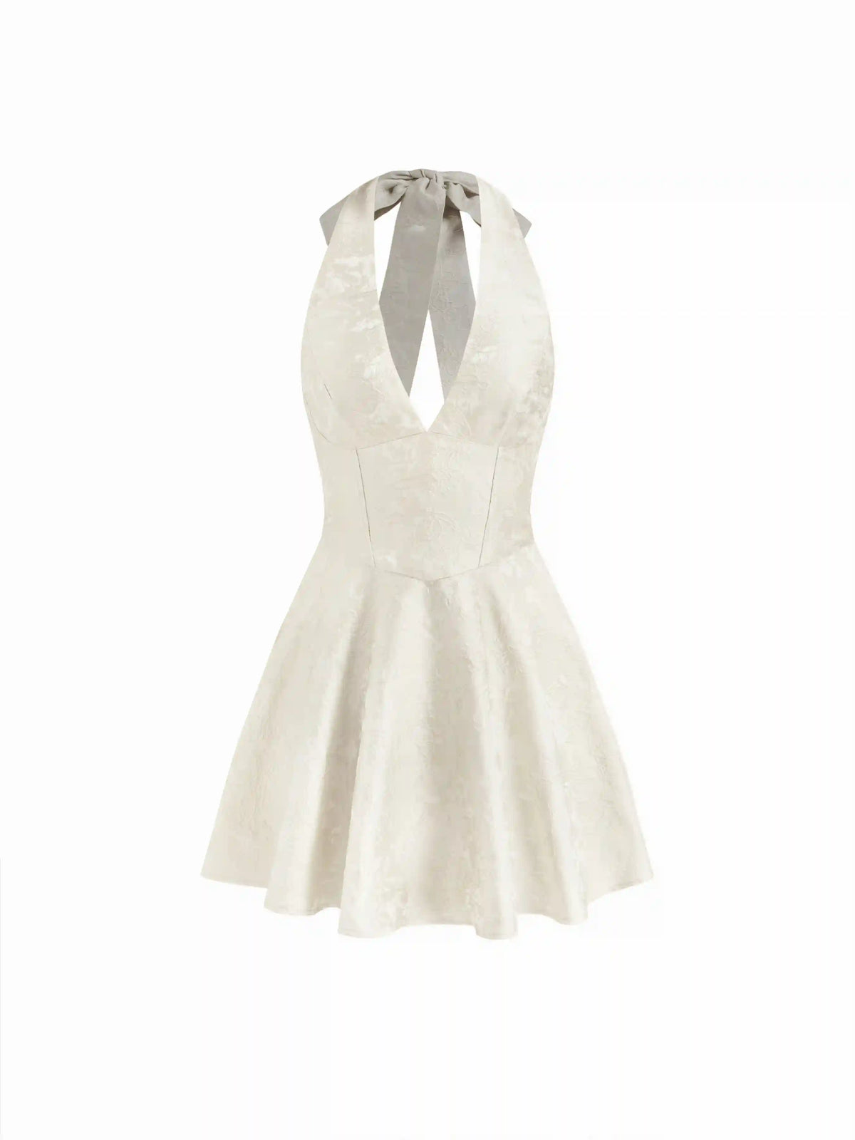 Jacquard Sculptural Halter V-neck Lace Up Backless Ruffle Mini Dress