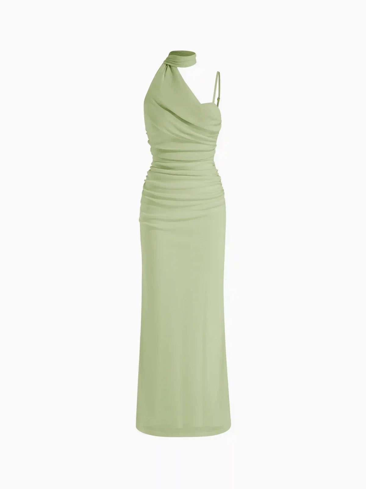 Mesh Halter Neckline Ruched Maxi Dress With Scarf