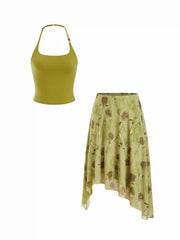 Halter Neckline Top & Floral Flared Midi Skirt Set