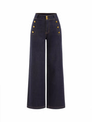 Stretch Denim High Rise Straight Leg Trousers With Metal Detail