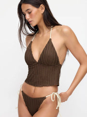 Texture Halter Neckline Lettuce Trim Knotted Tankini Tie Side Bikini Set With Sarong