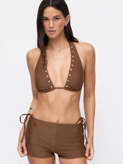 Halter Neckline Rivet Knotted 3 Piece Bikini Set With Shorts