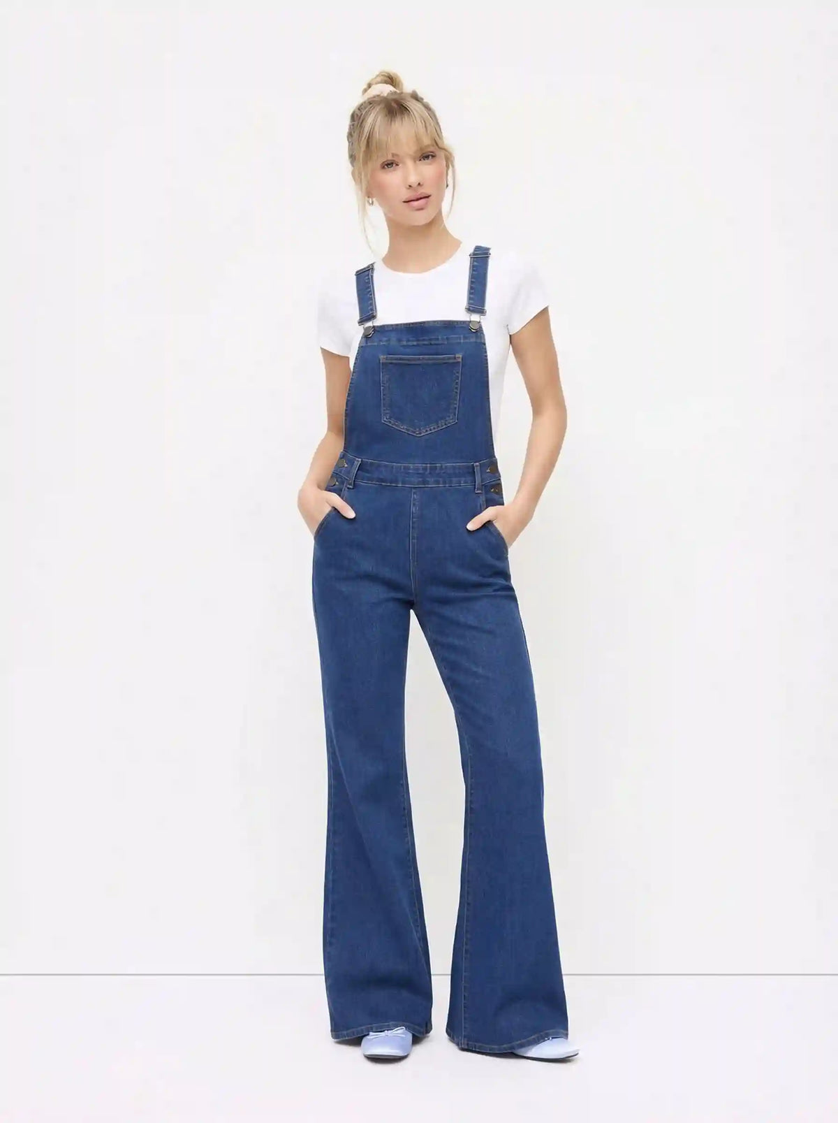 Stretch Denim Buckle Up Flared Jumpsuit