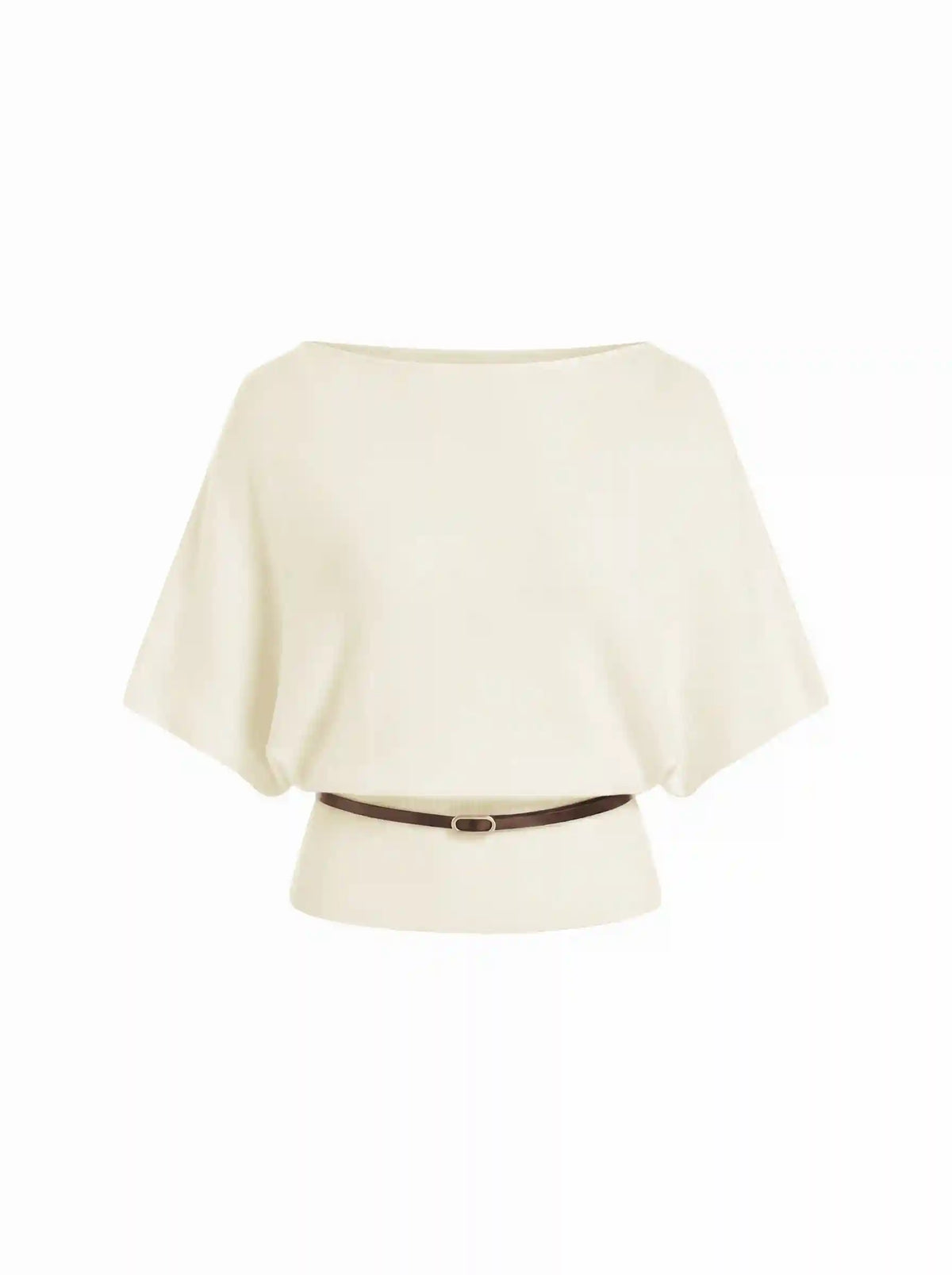 Knit Boat Neck Batwing Sleeve Top With Belt