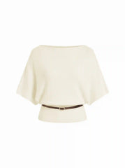 Knit Boat Neck Batwing Sleeve Top With Belt