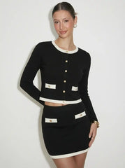 Knit Contrasting Trim Button Front Cardigan & Low Rise Bodycon Skirt Set