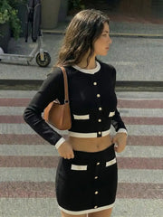 Knit Contrasting Trim Button Front Cardigan & Low Rise Bodycon Skirt Set