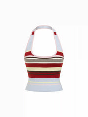 Knit Halter Neck Striped Tank Top & Low Rise Mini Skirt Set