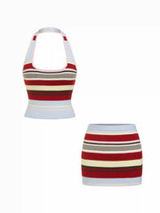 Knit Halter Neck Striped Tank Top & Low Rise Mini Skirt Set