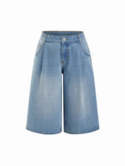 Washed Denim Mid Rise Strawberry Graphic Wide Leg Bermuda Shorts