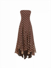 Chiffon Halter Neckline Polka Dot Ruffled Hem Ruched Maxi Dress