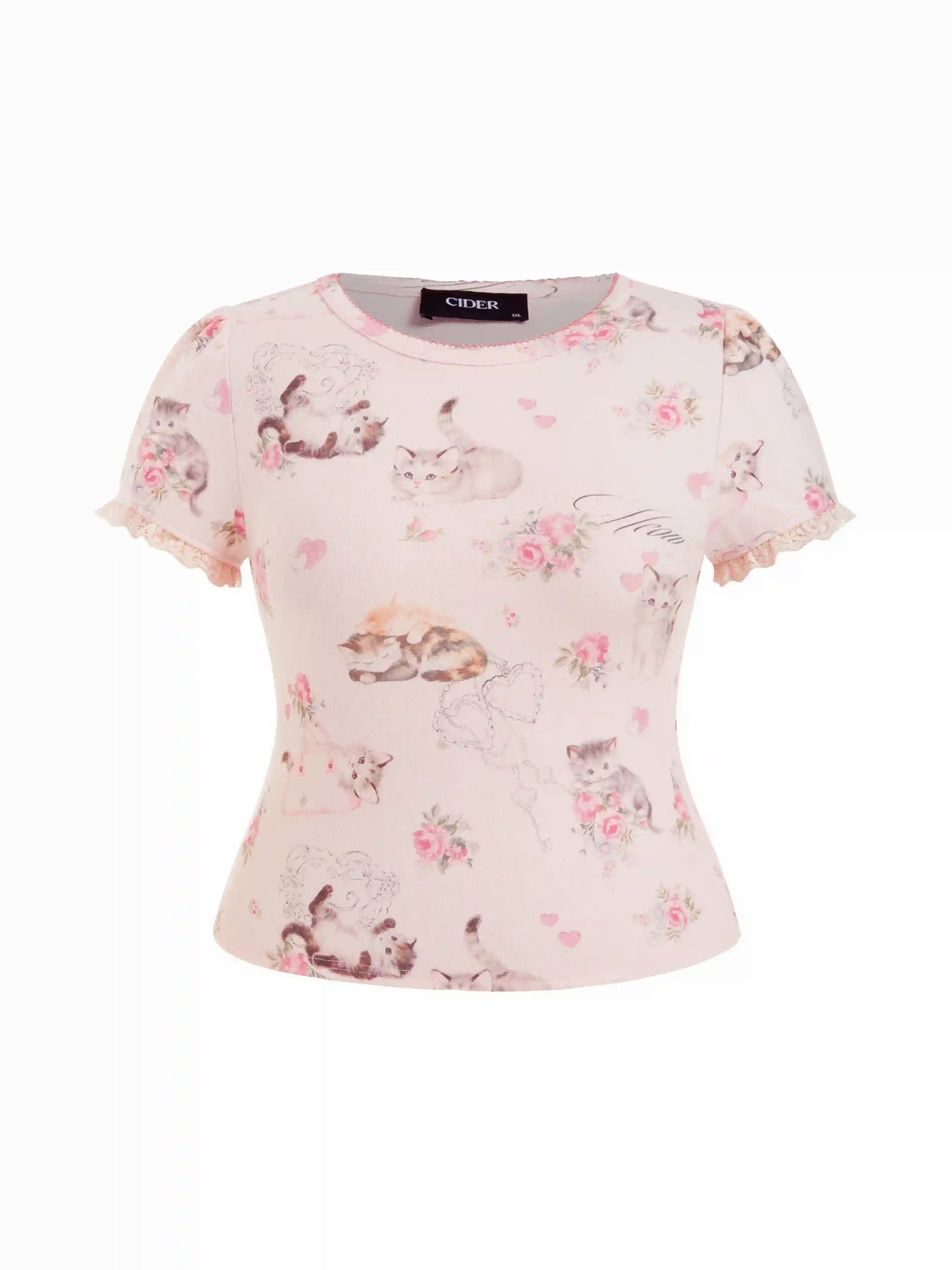 Cat & Floral Graphic Jacquard Puff Sleeve Tee Curve & Plus