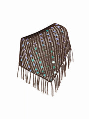 Sequin Asymmetrical Neck Fringe Trim Fringe See-Through Top