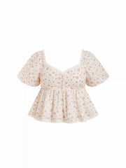 Cotton-blend Floral Sweetheart Lace Trim Puff Sleeve Cropped Blouse Curve & Plus