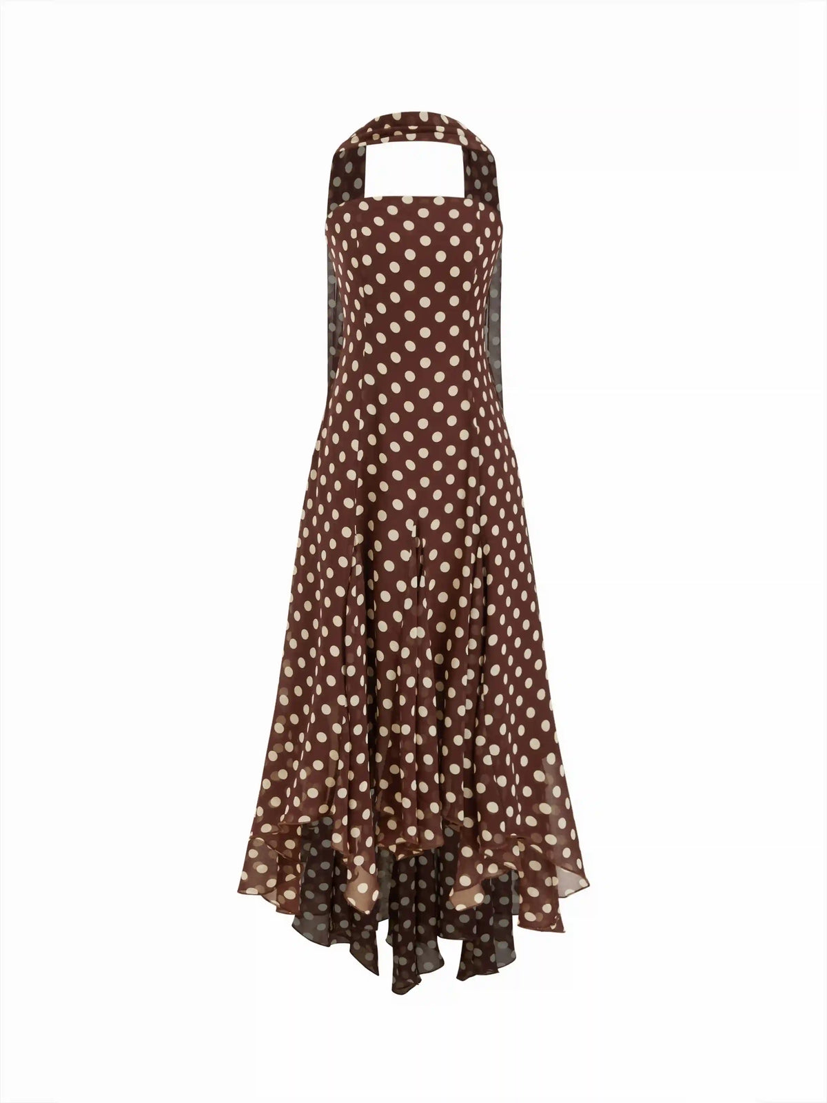 Chiffon Halter Neckline Polka Dot Ruffled Hem Ruched Maxi Dress