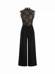 Lace Stand Collar Mid Rise Wide Leg Jumpsuit With Belt
