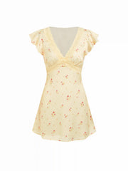 Satin Floral V-neck Ruffle Sleeve Flared Mini Dress