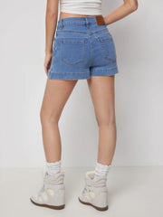 Washed Denim High Rise Slim Leggings Micro Shorts with Metal Detail