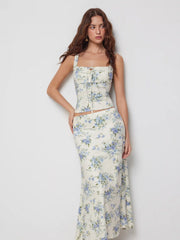 Floral Square Neck Drawstring Tank Top & Mid Rise Maxi Skirt Set