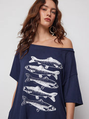 High Stretch Asymmetrical Neck Fish Graphic Oversized Short Sleeve Tee