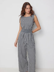 Cotton Gingham Boat Neck Drawstring Wide Leg Jumpsuit