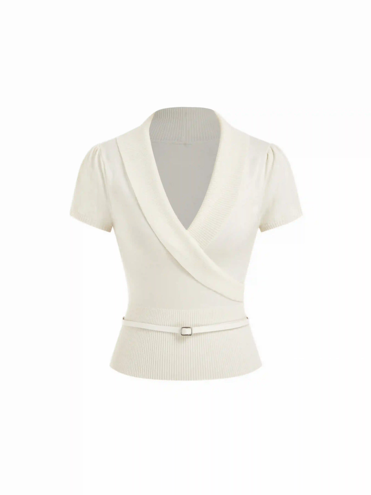 Knit V-neck Wrap Short Sleeve Top With Belt