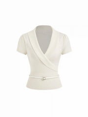 Knit V-neck Wrap Short Sleeve Top With Belt