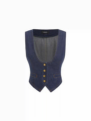 Washed Denim V-Neck Oversized Metal Button Crop Vest