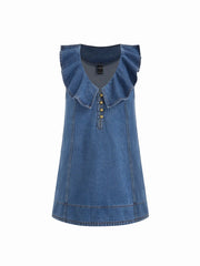 V-neck Collar Washed Denim A-line Oversized Mini Dress