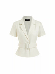 Collar Short Sleeve Peplum Belted Blazer With Shoulder Pads
