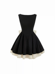 Colorblock Boat Neck High Rise Bowknot Flared Mini Dress