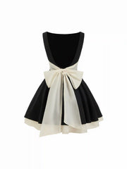Colorblock Boat Neck High Rise Bowknot Flared Mini Dress
