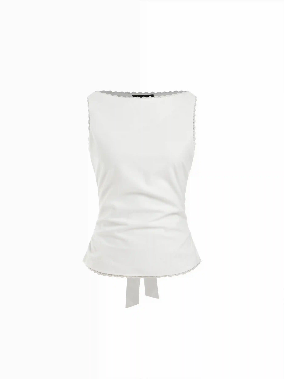 Linen-blend Boat Neck Lace Trim Knotted Sleeveless Blouse