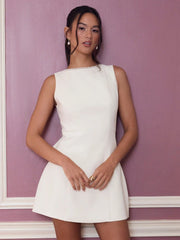 Pearl-Trimmed Bowknot Backless A-line Mini Dress