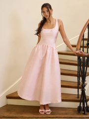 Jacquard Sculptural Square Neck Lace Up Ruffled Flared Maxi Dress