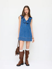 V-neck Collar Washed Denim A-line Oversized Mini Dress