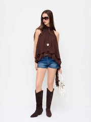 Chiffon Halter Neck Ruffle Hem Oversized Blouse
