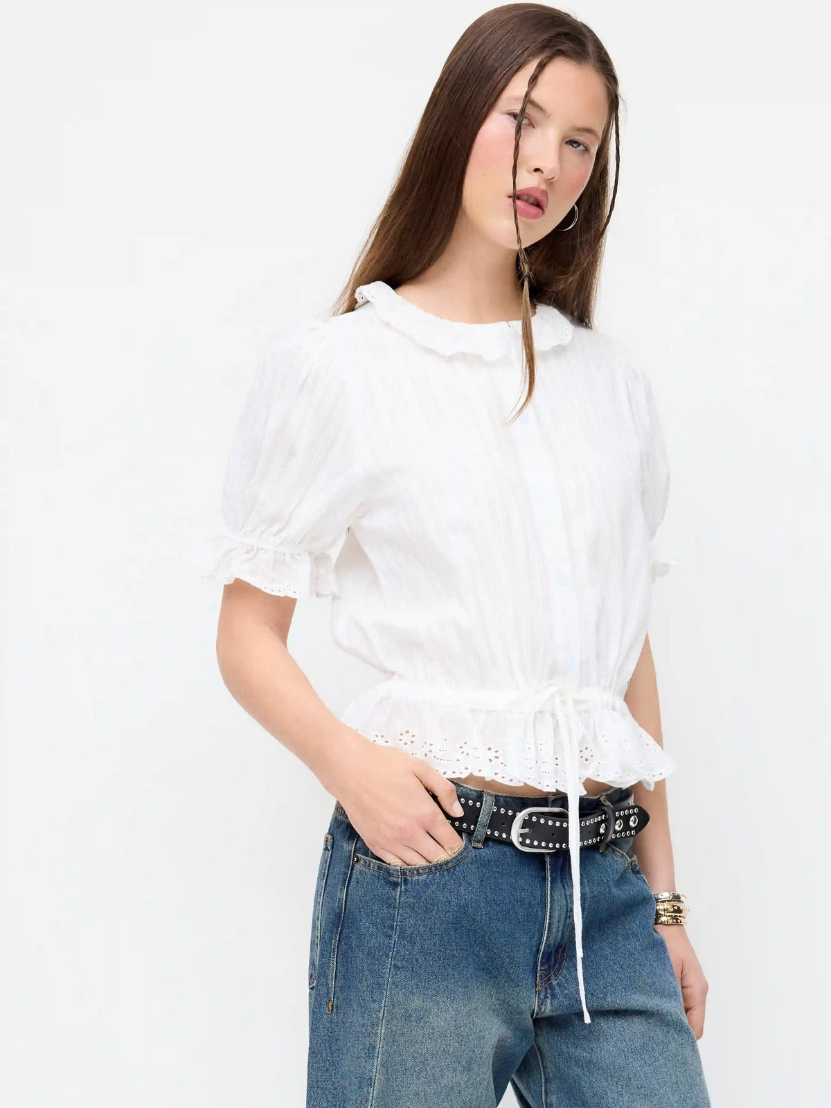 Cotton-blend Puff Sleeve Lace Trim Broderie Anglaise Oversized Blouse