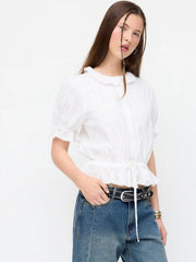 Cotton-blend Puff Sleeve Lace Trim Broderie Anglaise Oversized Blouse