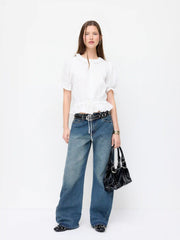 Cotton-blend Puff Sleeve Lace Trim Broderie Anglaise Oversized Blouse