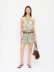 Chiffon Paisley Halter Neckline Shirred Layered Mini Dress