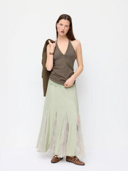 Cotton-blend Ruched V-Neck Rivet Halter Top