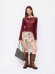 Knit Crochet Boat Neck Bell Sleeve Knotted Cut Out Backless Top