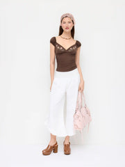 Cotton-blend V-Neck Floral Embroidery Ruched Puff Sleeve Top