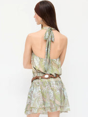 Chiffon Paisley Halter Neckline Shirred Layered Mini Dress