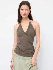 Cotton-blend Ruched V-Neck Rivet Halter Top