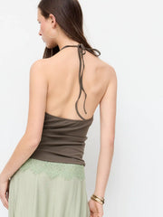 Cotton-blend Ruched V-Neck Rivet Halter Top