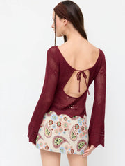 Knit Crochet Boat Neck Bell Sleeve Knotted Cut Out Backless Top