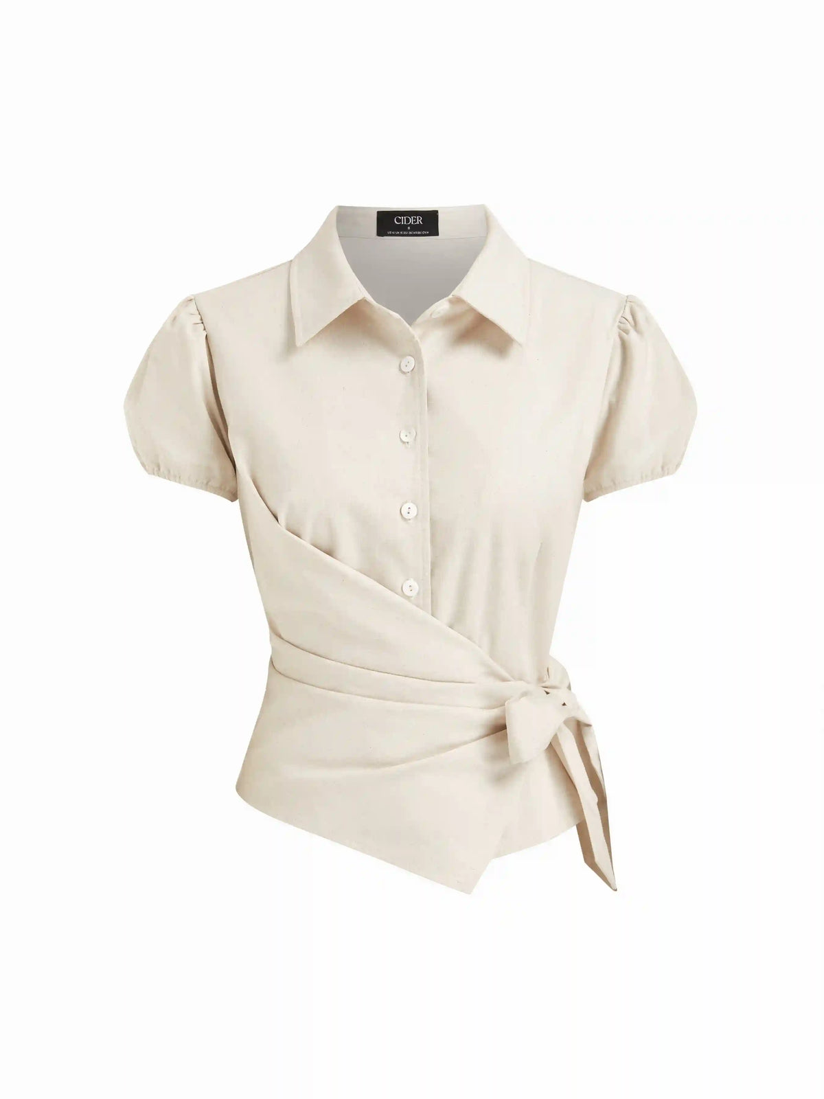 Linen-blend Puff Sleeve Wrap Tie-Front Blouse
