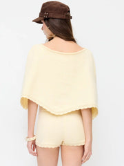 Knit Boat Neck Cloak Top & Lettuce Trim Shorts Set